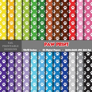 Pfotenabdruck Digitales Papierpaket, Tierpfoten-druckbare Hintergrund, Scrapbook-Papiere, 12x12-Regenbogenfarben-Hundepfotenmuster-Set 24 Stück