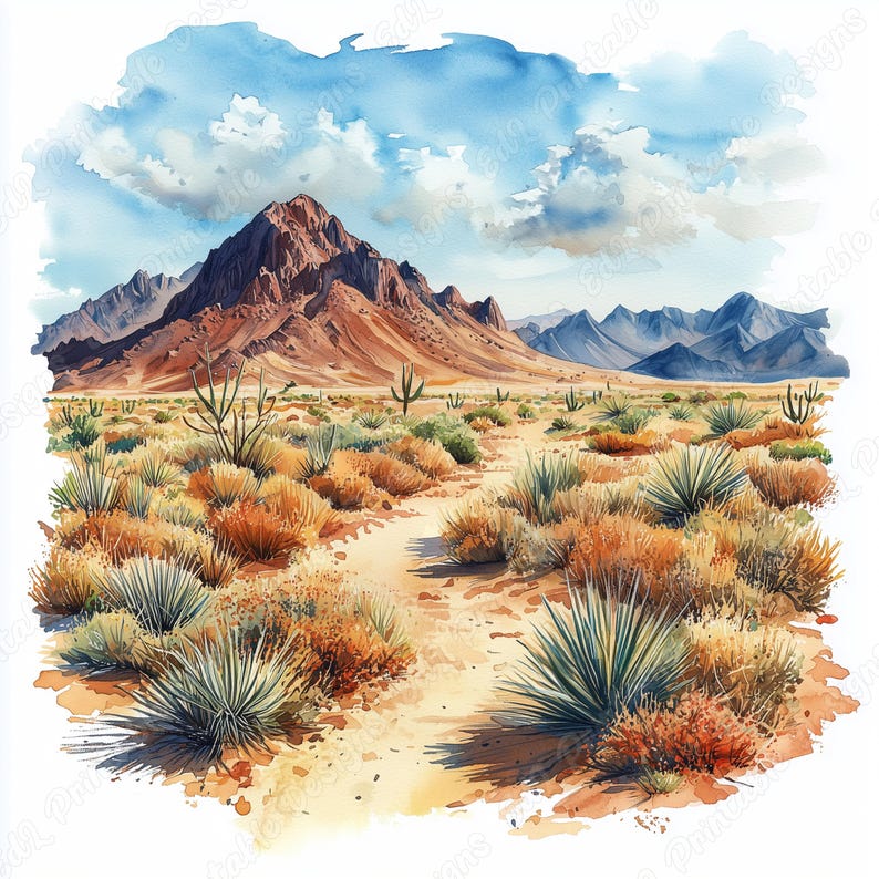 20 Watercolor Desert Clip Art, Desert Landscape Printable Images, Desert Mountain And Cactus Digital Download, Scrapbooking Paper Crafts JPG