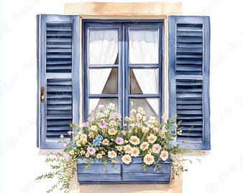 Peut inclure: Une fenêtre bleue avec des volets blancs et une jardinière remplie de fleurs colorées. La fenêtre est ouverte et il y a des rideaux blancs derrière les volets.