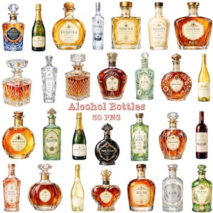 Könnte beinhalten: Eine Sammlung von dreißig verschiedenen Glasflaschen für Alkohol mit unterschiedlichen Formen, Größen und Etiketten wie Whiskey, Tequila, Cognac, Rum, Gin und Champagner. Die Flaschen zeigen komplexe Glasstrukturen, Verschlüsse und Korken.