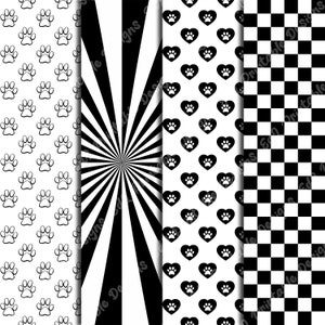 White And Black Dog Patterns Digital Paper, Animal Print Background, Printable Puppy Theme, Pet Scrapbook Papers, Seamless Dog Paw And Bones