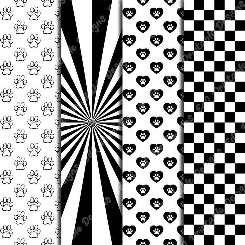 White And Black Dog Patterns Digital Paper, Animal Print Background, Printable Puppy Theme, Pet Scrapbook Papers, Seamless Dog Paw And Bones