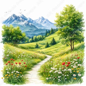 Cliparts von grünen Wiesen, druckbare Aquarell-Landschaftsbilder, sommerliche Naturszenen (digitaler Download)