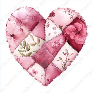Puede incluir: Ilustración en acuarela de un corazón compuesto por cuadrados de patchwork en tonos rosas y blancos. Cada cuadrado presenta motivos florales, incluyendo grandes flores, pequeñas flores y ramitas con hojas. Los bordes están cosidos con una línea punteada.