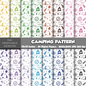 May include: A collection of 12x12 inch digital papers with camping-themed patterns. Each paper features a repeating design of tents, mountains, compasses, footprints, and other outdoor elements in various colors. The text "CAMPING PATTERN" is displayed.