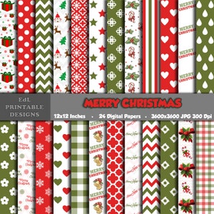 Merry Christmas Digital Papers, Xmas Printable Background, Winter Holiday Scrapbook Paper, Red and Green Paper, New Year Seamless Pattern