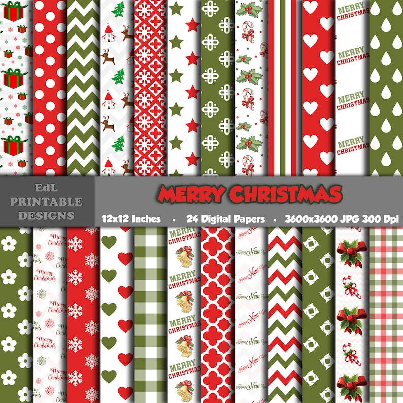 Merry Christmas Digital Papers, Xmas Printable Background, Winter Holiday Scrapbook Paper, Red and Green Paper, New Year Seamless Pattern