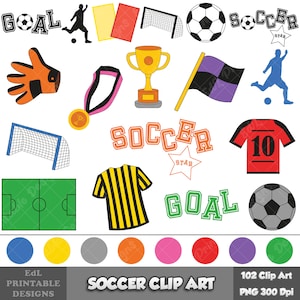 102 Clip Art de futebol, elementos de futebol png, decoração de festa de futebol para impressão, clipart de bola de futebol, pacote gráfico com tema esportivo digital colorido
