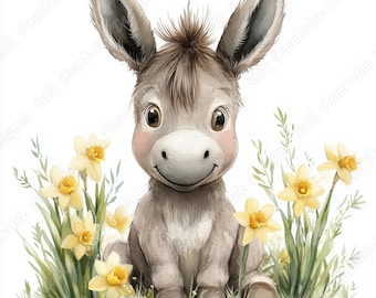 Watercolor Baby Donkey Clip Art, Nursery Decor (JPG Bundle)
