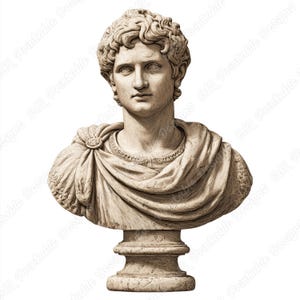 Puede incluir: Busto escultórico detallado de un hombre con cabello rizado, vestido con una prenda drapeada. La escultura es de estilo clásico, con detalles intrincados y una paleta de colores neutros. El busto está montado sobre un pedestal.