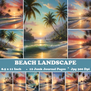 Pagine di diario spazzatura con paesaggio di spiaggia, foglio di effimeri tramonto sulla spiaggia estiva, sfondo di arte murale sulla spiaggia tropicale, carte digitali stampabili sull'oceano