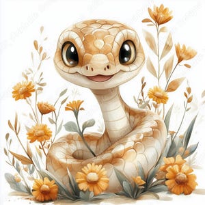 May include: A delightful cartoon snake illustration with big, friendly eyes and a smile. The snake is a warm tan colour with lighter markings, surrounded by orange and yellow flowers and foliage against a white backdrop.