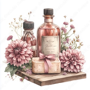 20 clipart floral de savon et de bouteilles, images imprimables d'huiles essentielles, téléchargement numérique de bouteilles de lotion, créations en papier de scrapbooking de journée de spa JPG