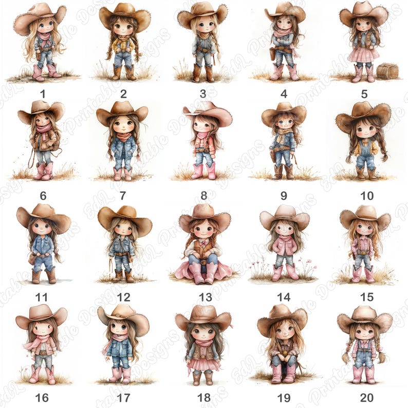 20 Cute Little Cowgirl Clip Art, Watercolor Western Printable Images, Wild West Digital Download, Baby Shower Scrapbooking Paper Crafts JPG
