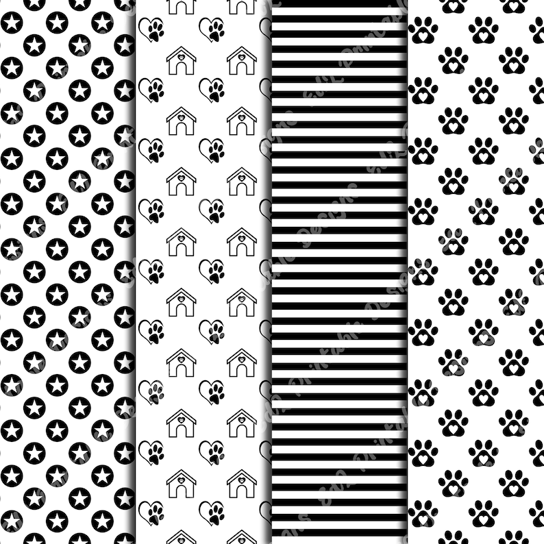 White And Black Dog Patterns Digital Paper, Animal Print Background, Printable Puppy Theme, Pet Scrapbook Papers, Seamless Dog Paw And Bones