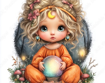Fortune Teller Girl Clipart, Watercolor Witchcraft JPG Graphics, Gypsy Girls Images (Digital Download)
