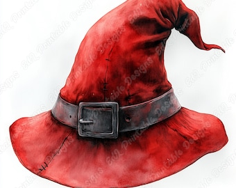 Clipart z kapeluszem czarownicy w akwarelach, zestaw upiornych projektów scrapbooków na Halloween (do pobrania w wersji cyfrowej)