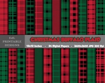 May include: A set of 24 digital papers featuring a red, green, and black buffalo plaid pattern. The papers are 12x12 inches and 3600x3600 pixels, with a resolution of 300 DPI. The text "CHRISTMAS BUFFALO PLAID" is displayed at the top of the image.
