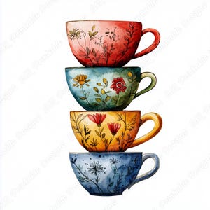 May include: A stack of four teacups with floral designs. The cups are painted in shades of pink, blue, green, and yellow. The cups are stacked on top of each other, with the largest cup at the bottom and the smallest cup at the top.
