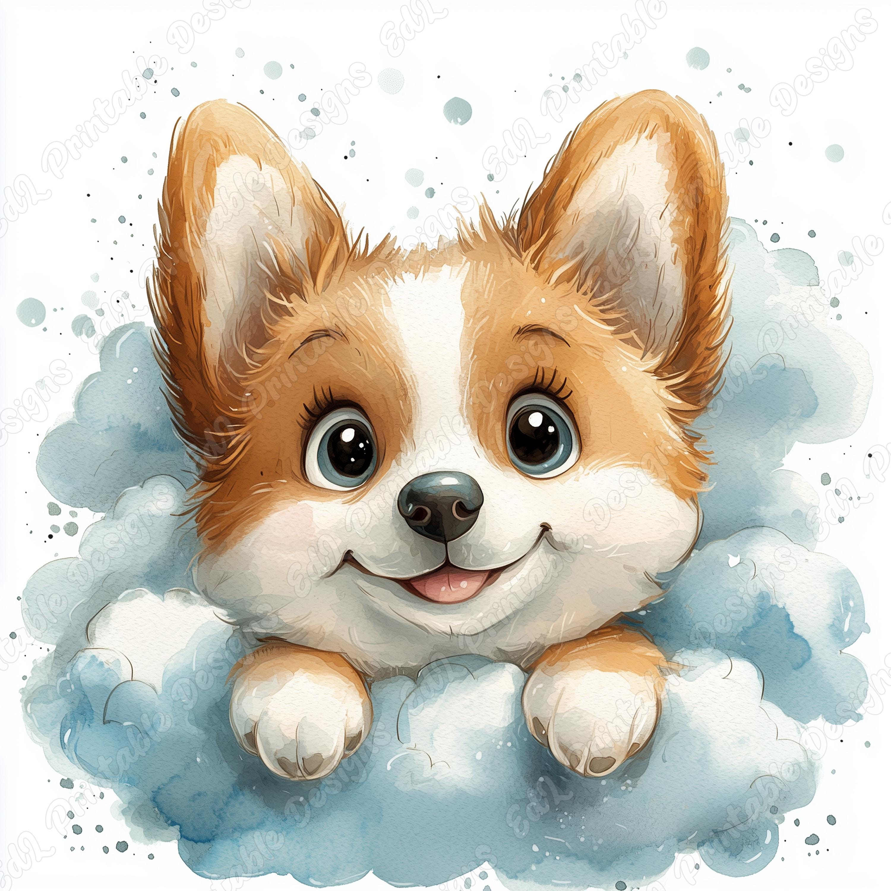 覗き見する子犬のクリップアート、水彩画風の犬の肖像画、風変わりな
