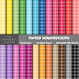 May include: A set of 24 digital papers featuring a houndstooth pattern in various colours. The papers are 12x12 inches and 3600x3600 pixels, with a resolution of 300 DPI. The text "Tinted Houndstooth" is displayed at the top of the image.