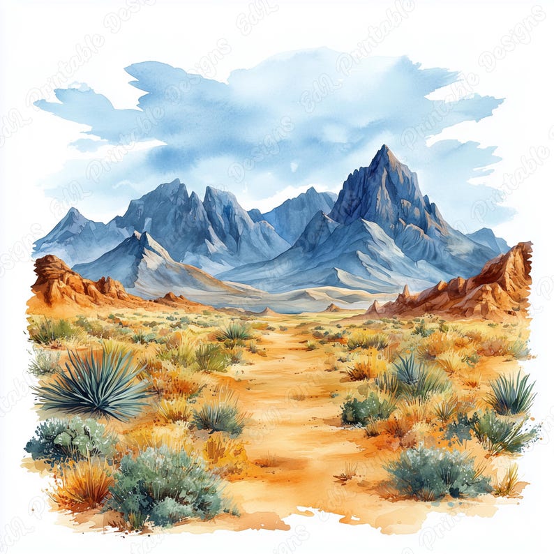 20 Watercolor Desert Clip Art, Desert Landscape Printable Images, Desert Mountain And Cactus Digital Download, Scrapbooking Paper Crafts JPG