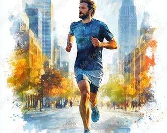 Clip art de un hombre corriendo en acuarela, descarga digital deportiva (JPG)