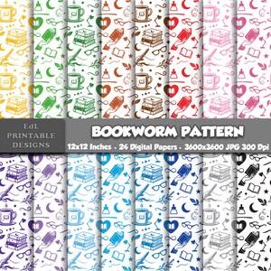 May include: A collection of digital papers with a repeating "Bookworm Pattern" design. Each paper features a white background with various colored illustrations of books, coffee cups, glasses, and hearts. The text "BOOKWORM PATTERN" is displayed.