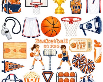 Clipart PNG z motywem koszykówki, do druku, dzień gry, przyjęcie urodzinowe z motywem koszykówki, akwarelowe obrazy sportowe (pobieranie cyfrowe)