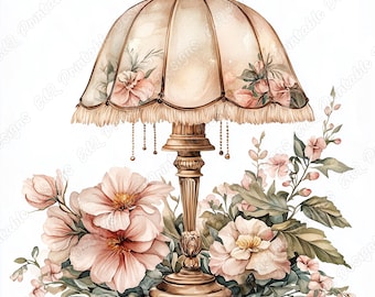 Watercolor Vintage Lamp Clipart, Printable Retro Floral Table Lamps JPG Set (Digital Download)