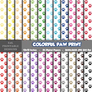 Carta digitale con stampa zampa colorata, sfondo stampabile zampa di animale, carta per album, 12x12 colori arcobaleno senza giunture zampa di cane modello set di 24