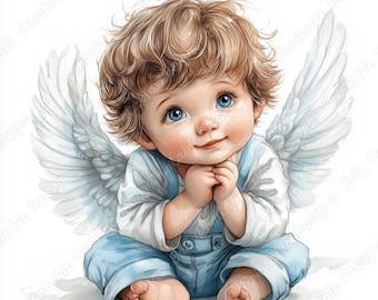 Watercolor Angel Baby Boy Clip Art, Scrapbook Paper (Digital Download)