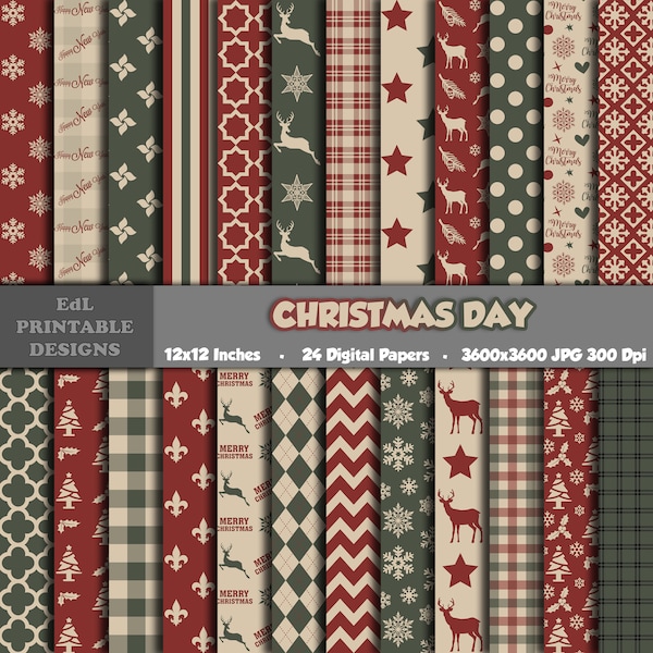 Merry Christmas Day Digital Papers, Xmas Printable Background, Winter Holiday Scrapbook Paper, Red Green Papers, New Year Seamless Pattern