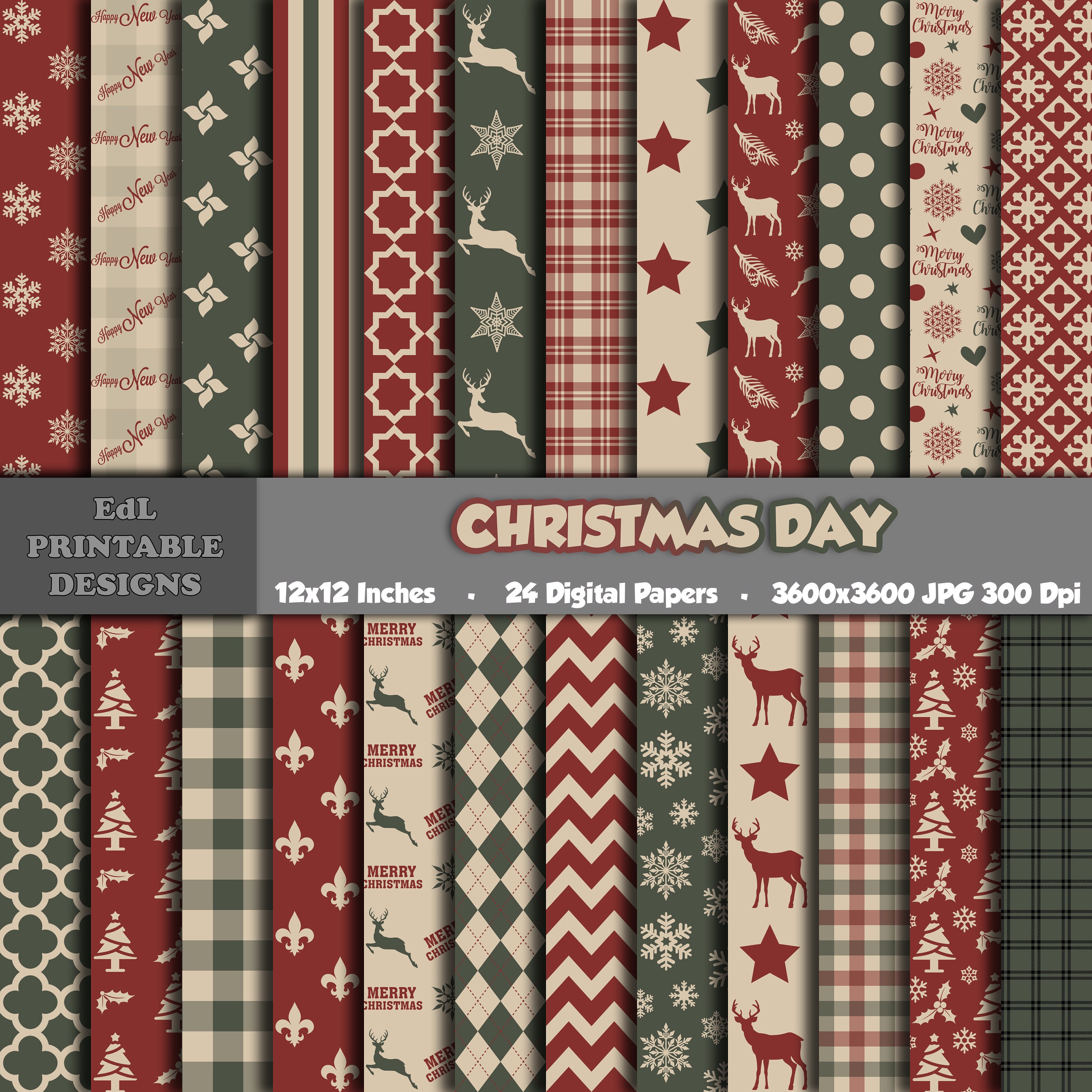 Christmas Digital Paper Pack, Seamless Red Green Patterns (Digital Download)