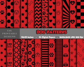 Red and Black Dog Digital Paper, Printable Puppy Paw, Animal Print Pattern (Digital Download)