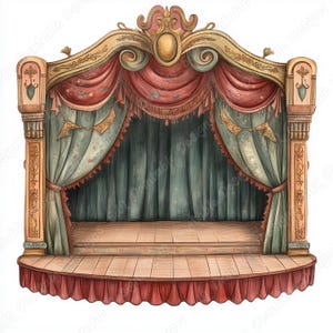 20 Clip Art di scene teatrali, Immagini stampabili di scene d'epoca acquerellate, Download digitale di scene teatrali, Set di carta per scrapbooking di teatro drammatico in formato JPG