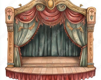 20 Theater Stage Clip Art, Watercolor Vintage Scene Printable Images, Opera Stage Digital Download, Drama Theater Scrapbooking Paper JPG Set