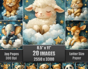 Sleeping Baby Animals Junk Journal Pages, Watercolor Nursery Digital Paper (Digital Download)