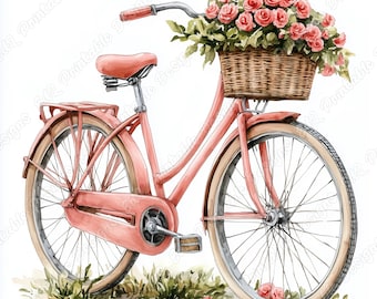 Watercolor Floral Bicycle Clipart, Retro Bike Art (JPG Digital Download)
