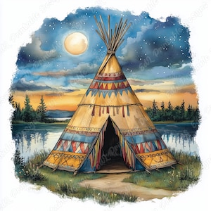 May include: Watercolor illustration of a Native American teepee at dusk. The teepee is tan with colorful trim and is set against a backdrop of a lake, trees, and a full moon. The sky transitions from orange to blue.