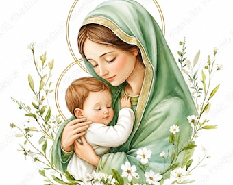 Clipart van de Heilige Maagd Maria, printbare afbeelding van het kindje Jezus en de Heilige Familie in aquarel (digitale download)