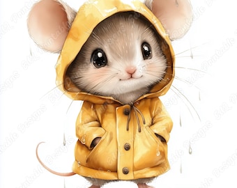 Mouse in Raincoat Clipart, Baby Mice Printable Image, Animal Art (JPG Digital Download)