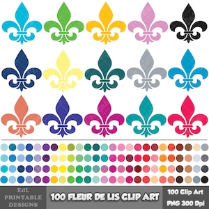 100 effen kleur Fleur De Lis-illustraties, Franse lotussymbool clipart, oude koninklijke png, digitale afdrukbare lelie bloem grafische ClipArt png-set