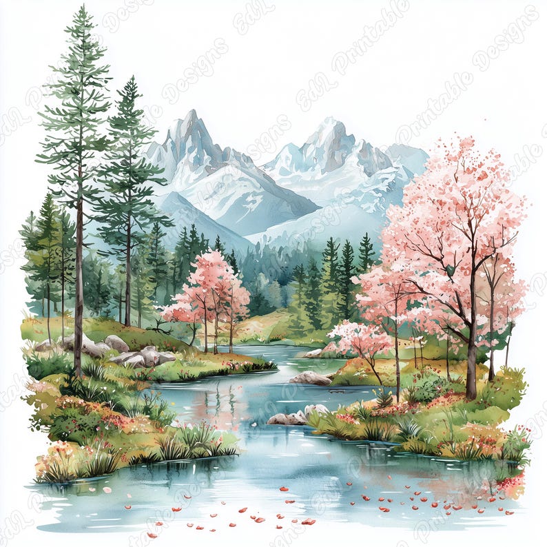 20 Lake Landscape Clip Art, Watercolor River View Printable Images, Forest Landscape Digital Download, Nature Scrapbooking Paper Crafts JPG