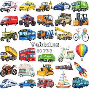 Może przedstawiać: Kolekcja trzydziestu ilustracji pojazdów, w tym karetka, taksówka, ciągnik, radiowóz, śmieciarka, furgonetka, monster truck, zamiatarka, SUV, wózek widłowy, autobus, betoniarka, dźwig, rower, wywrotka, skuter, balon, motocykl, furgonetka z lodami, spychacz, pociąg, rakieta, pociąg dużych prędkości, pickup, wóz strażacki, żaglówka i metro z napisem Vehicles 30 PNG.