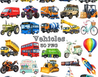 Imágenes PNG de vehículos en acuarela, imágenes imprimibles de coches para fiestas de cumpleaños, camión para decoración de guardería (descarga digital)