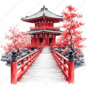Japanische Tempel-Cliparts, Aquarell-Pagodenlandschaft, Asiatische Zen-Garten-Szenerie (Digitaler Download)