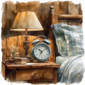 May include: A watercolor-style illustration of a bedroom scene. A blue alarm clock sits on a wooden nightstand next to a lamp with a beige lampshade. A bed with a blue plaid pillow and white sheets is in the background.