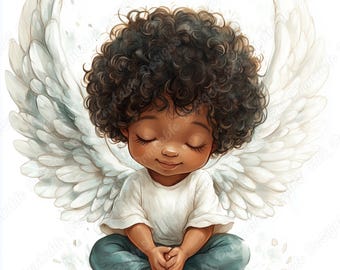 Imágenes prediseñadas de niño ángel negro, niño ángel afroamericano, álbum de recortes para baby shower (descarga digital)