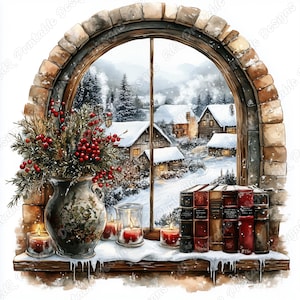 May include: A window with a view of a snowy village with houses and trees. The windowsill has a vase with red berries, candles, and a stack of books.